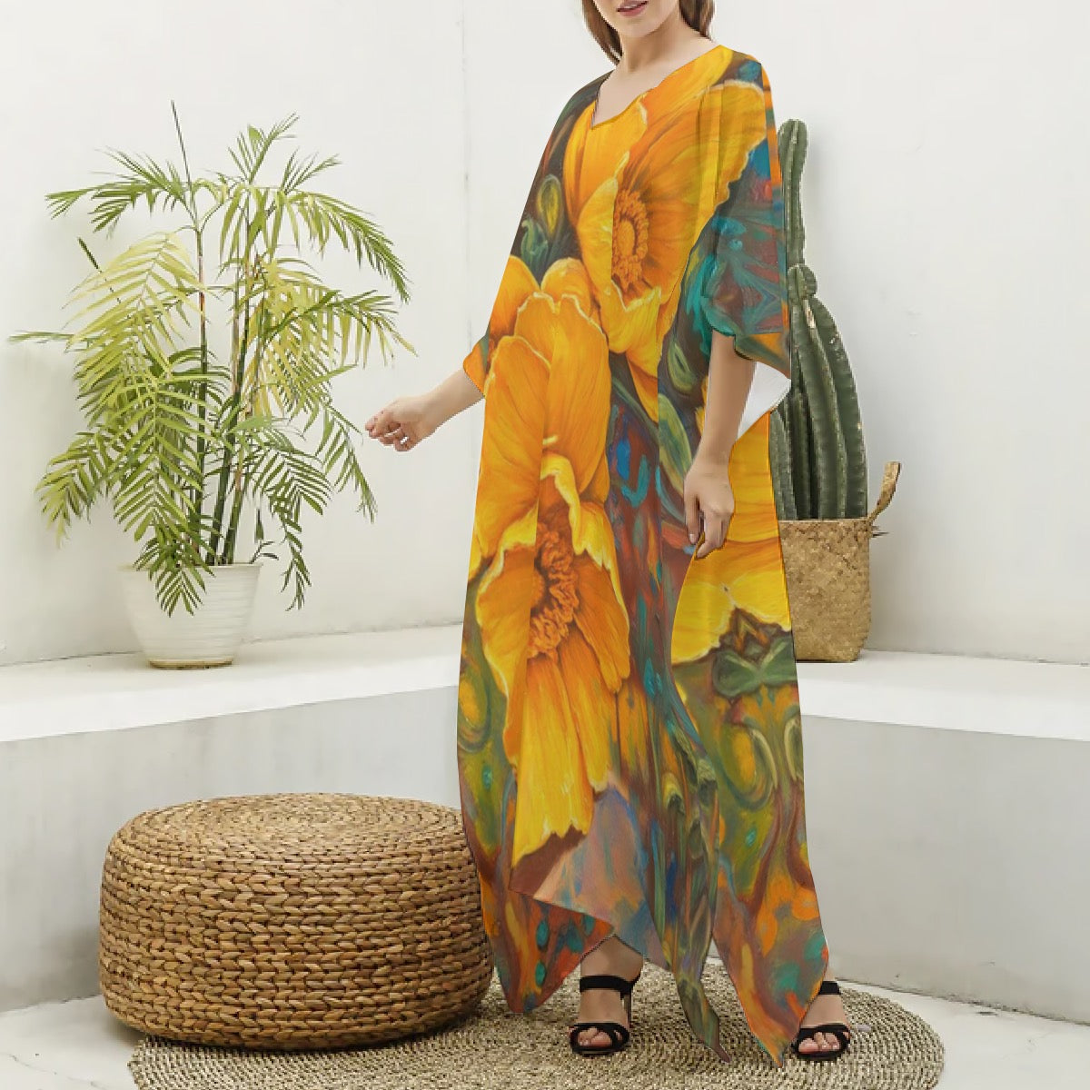 “Golden Cascade” Women's Imitation Silk V-neck Kaftan Robe
