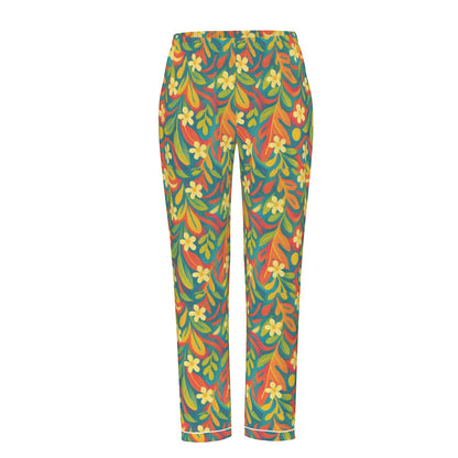 “Sunny Daydream” Women's Long Sleeve Pajama Set With White Contrast Piping