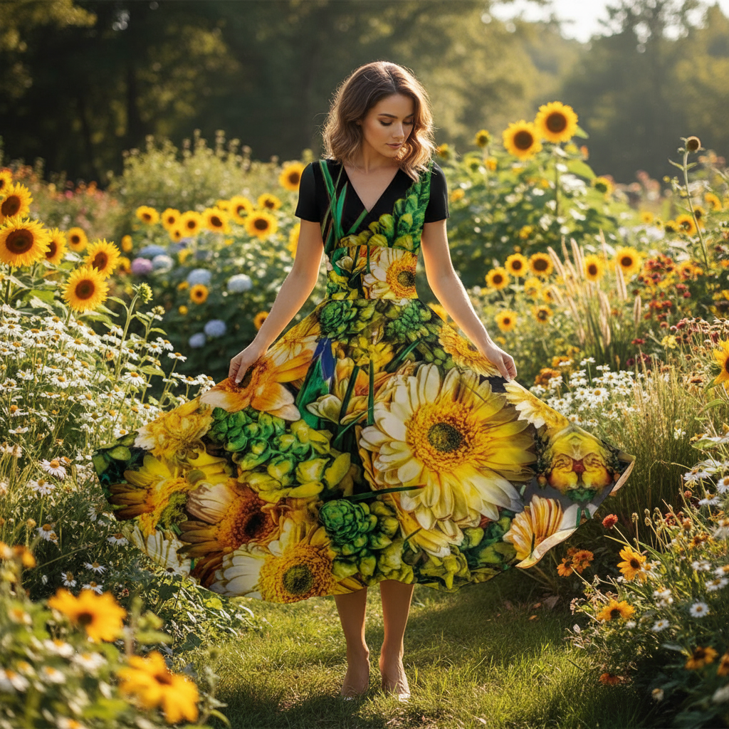 “Bouquet” Women's Short Sleeve V Neck Midi Dress