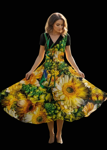 “Bouquet” Women's Short Sleeve V Neck Midi Dress