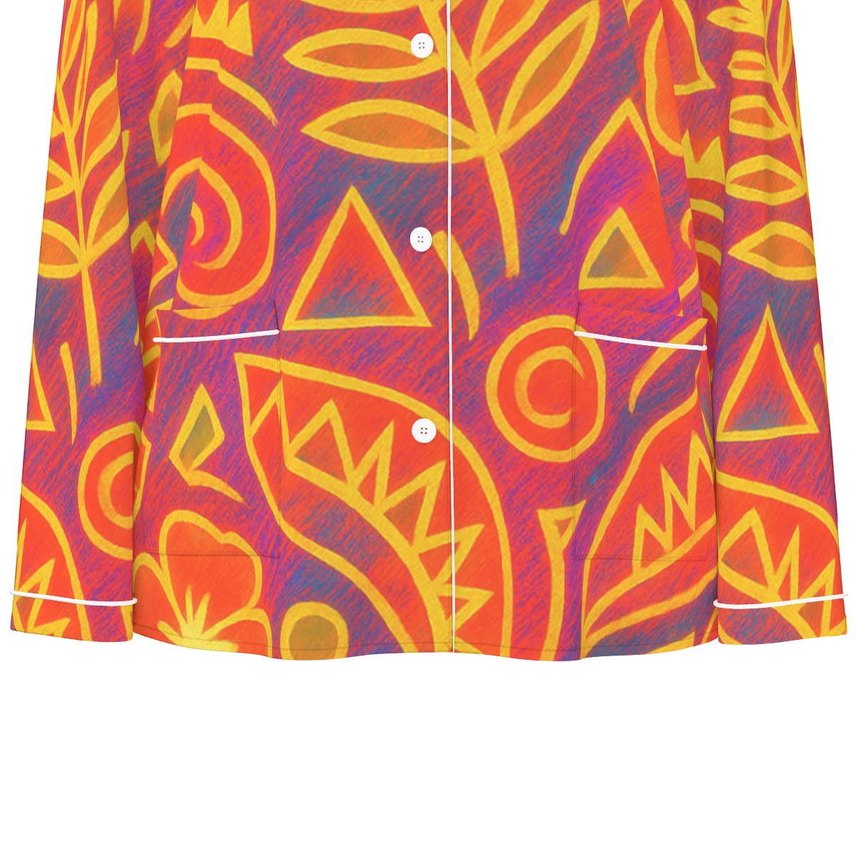 “Island Echoes” Women's Long Sleeve Pajama Set With White Contrast Piping