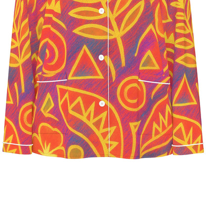“Island Echoes” Women's Long Sleeve Pajama Set With White Contrast Piping