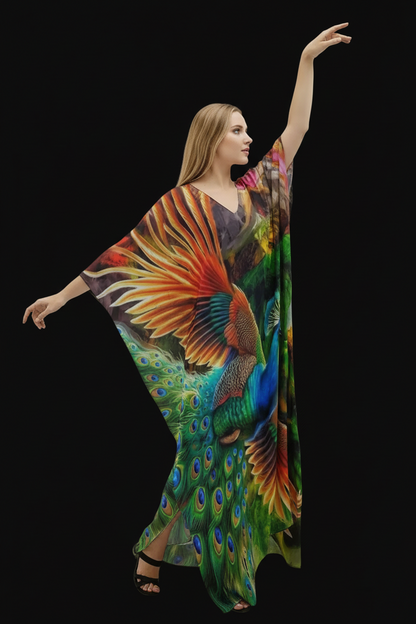 “Peacock Flight” Women's Imitation Silk V-neck Kaftan Robe