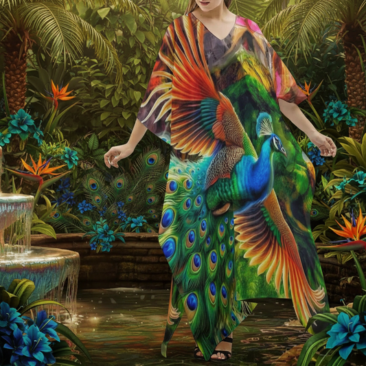 “Peacock Flight” Women's Imitation Silk V-neck Kaftan Robe