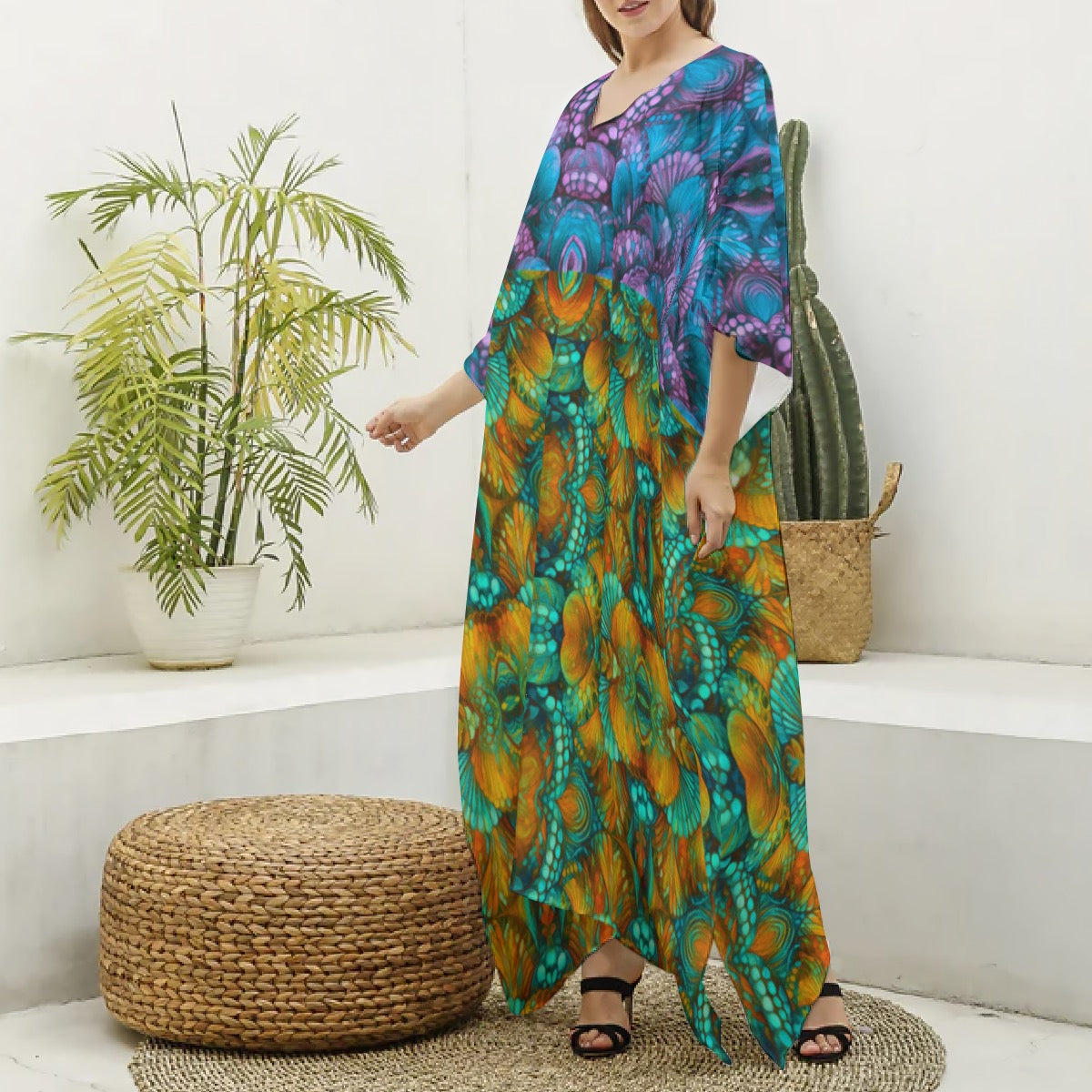 “Cascade” Print Women's Imitation Silk V-neck Kaftan Robe