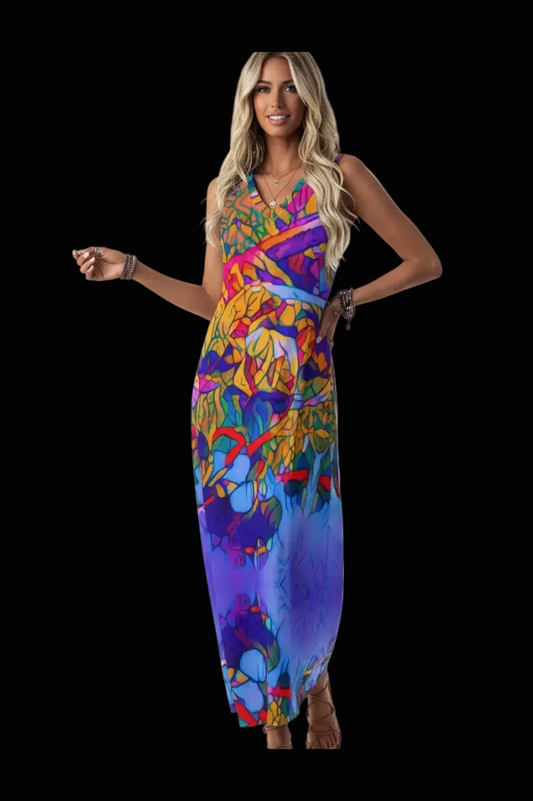 “Cerulean Spectrum” Women's V-Neck Long Dress