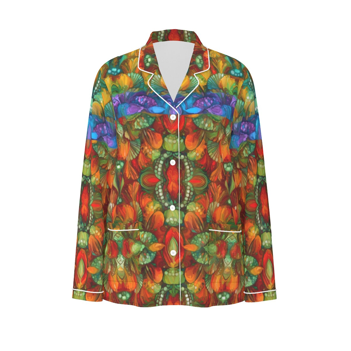 “Botanic Nebula” Women's Long Sleeve Pajama Set With White Contrast Piping