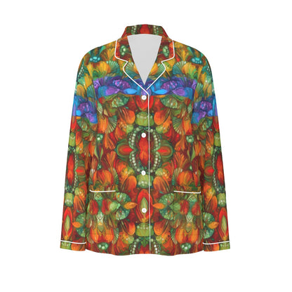 “Botanic Nebula” Women's Long Sleeve Pajama Set With White Contrast Piping