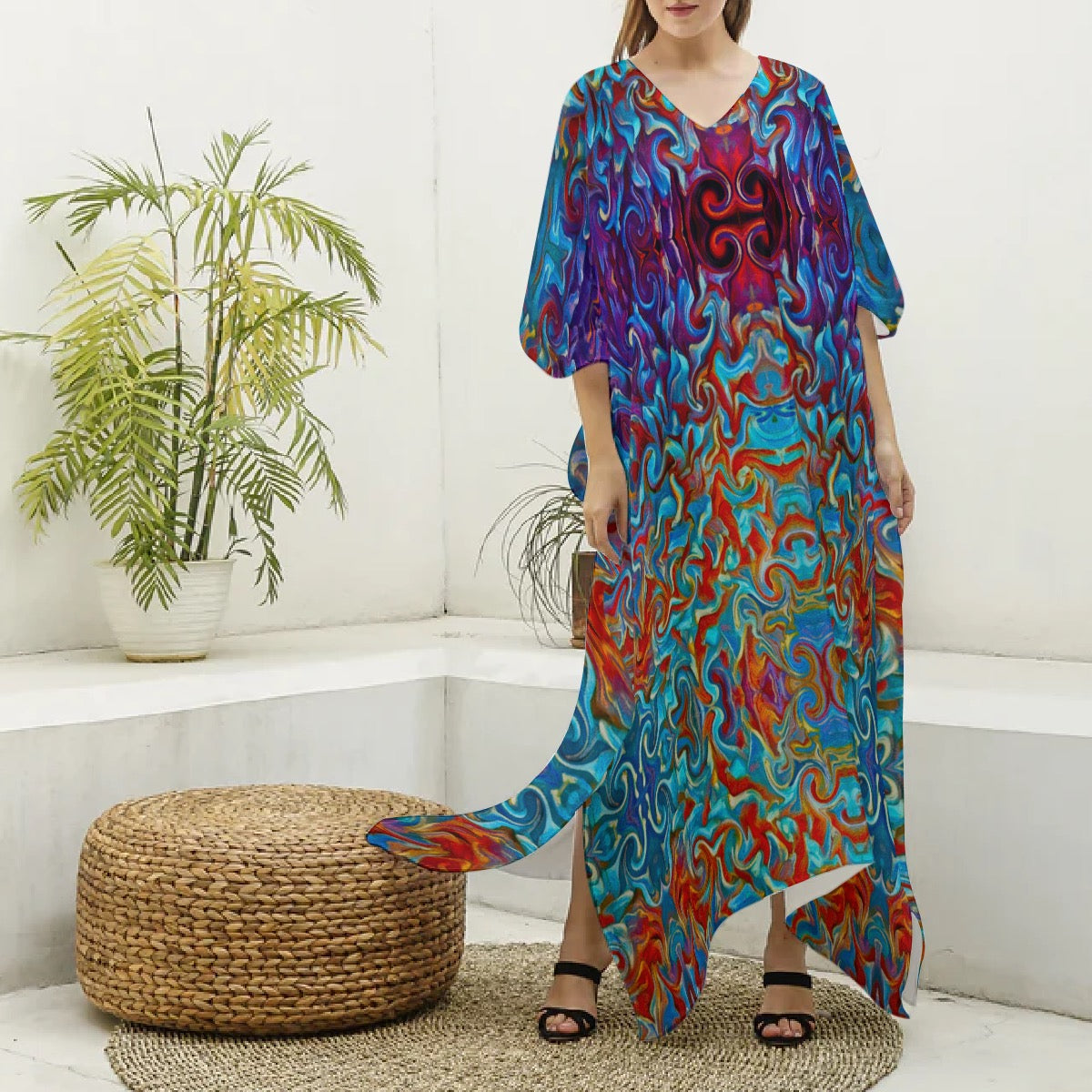“Fire and Ice” Women's Imitation Silk V-neck Kaftan Robe