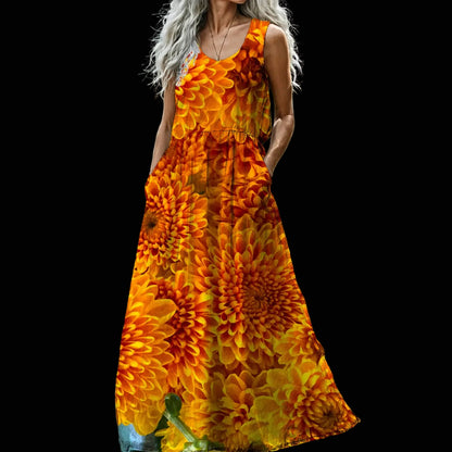 “Orange Chrysanthemum” Women’s Sleeveless Maxi Dress
