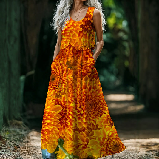 “Orange Chrysanthemum” Women’s Sleeveless Maxi Dress
