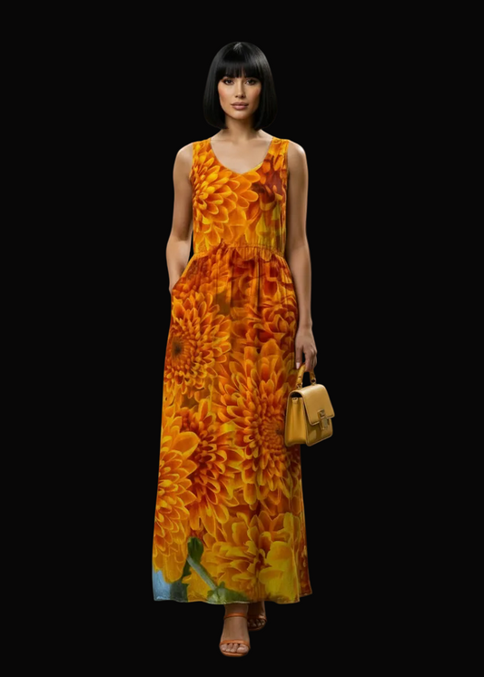 “Orange Chrysanthemum” Women’s Sleeveless Maxi Dress