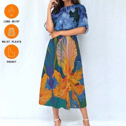 “Iris with Hydrangea” Women's Knee-Length Dress