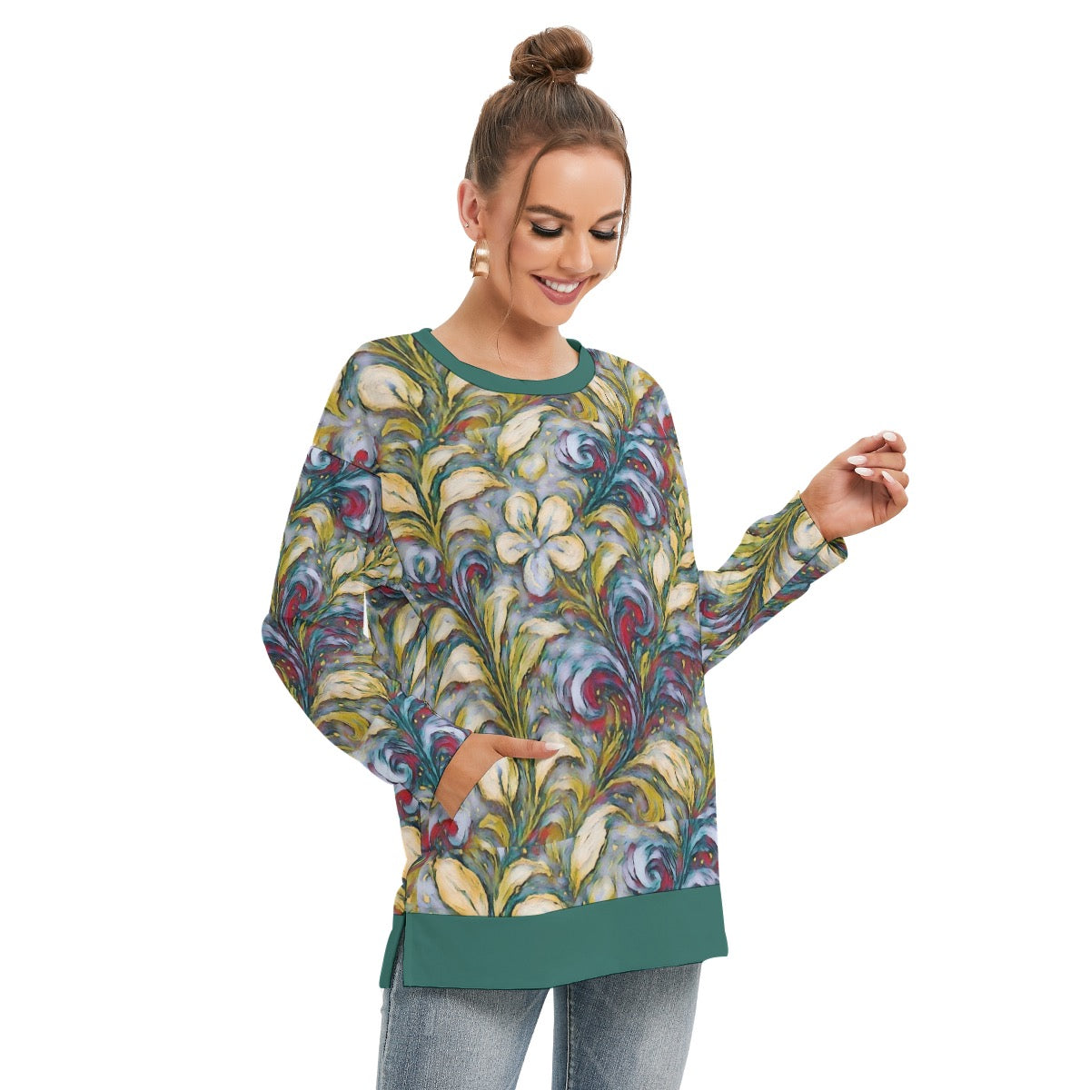 “Whispers of Spring” Women's Side Split O-neck Sweatshirt