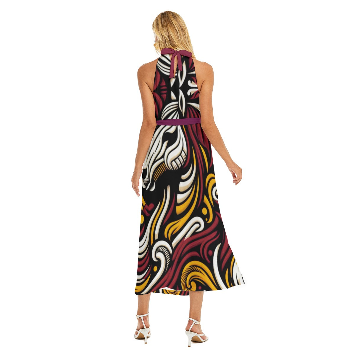 “Bronco” Women's Wrap Hem Belted Halter Dress