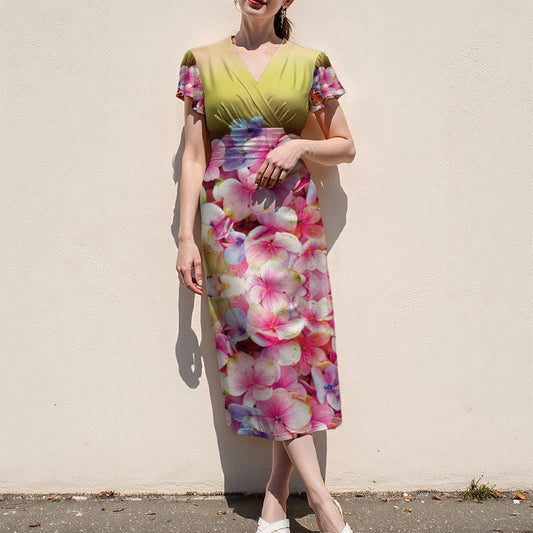 “Hydrangea” Women's V-Neck Flutter Sleeve Midi Dress