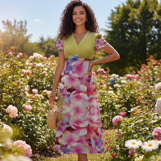 “Hydrangea” Women's V-Neck Flutter Sleeve Midi Dress