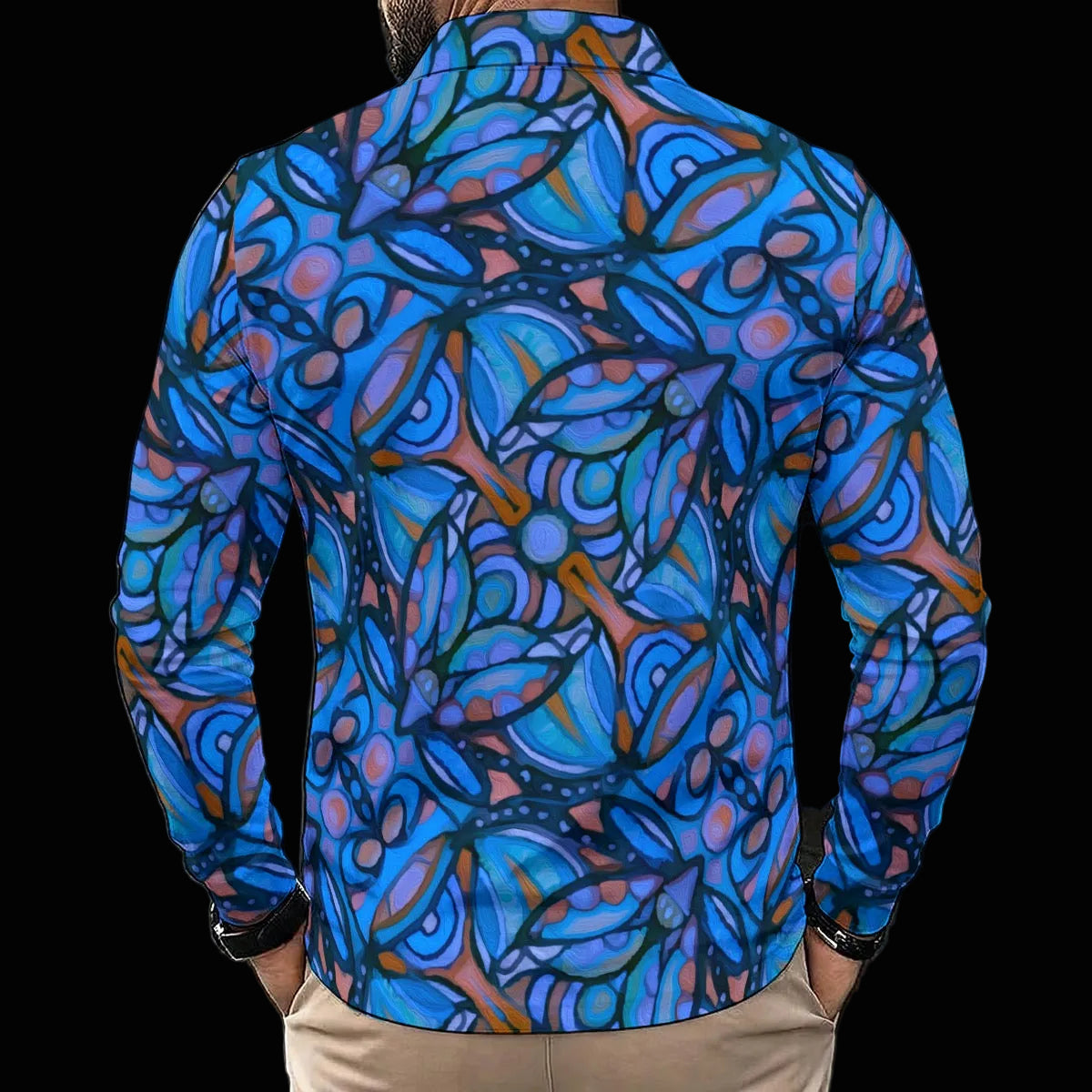 “Cobalt Labyrinth” Men's Polo Shirt With Long Sleeve