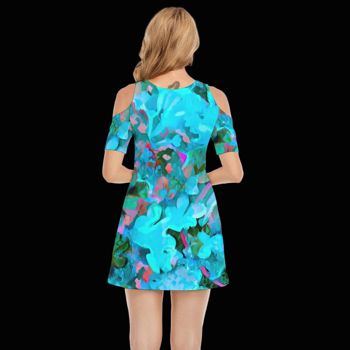 “Aqua Flora” Women's Cold Shoulder Dress | 190GSM Cotton