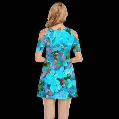“Aqua Flora” Women's Cold Shoulder Dress | 190GSM Cotton