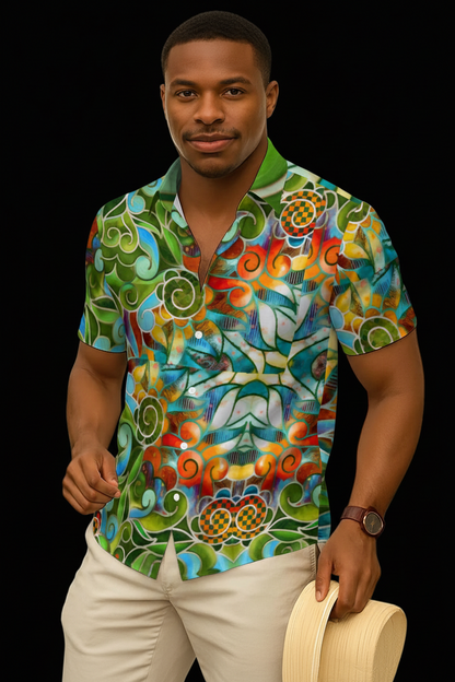 “Verdant Tapestry” Men's Imitation Silk Short-Sleeved Shirt