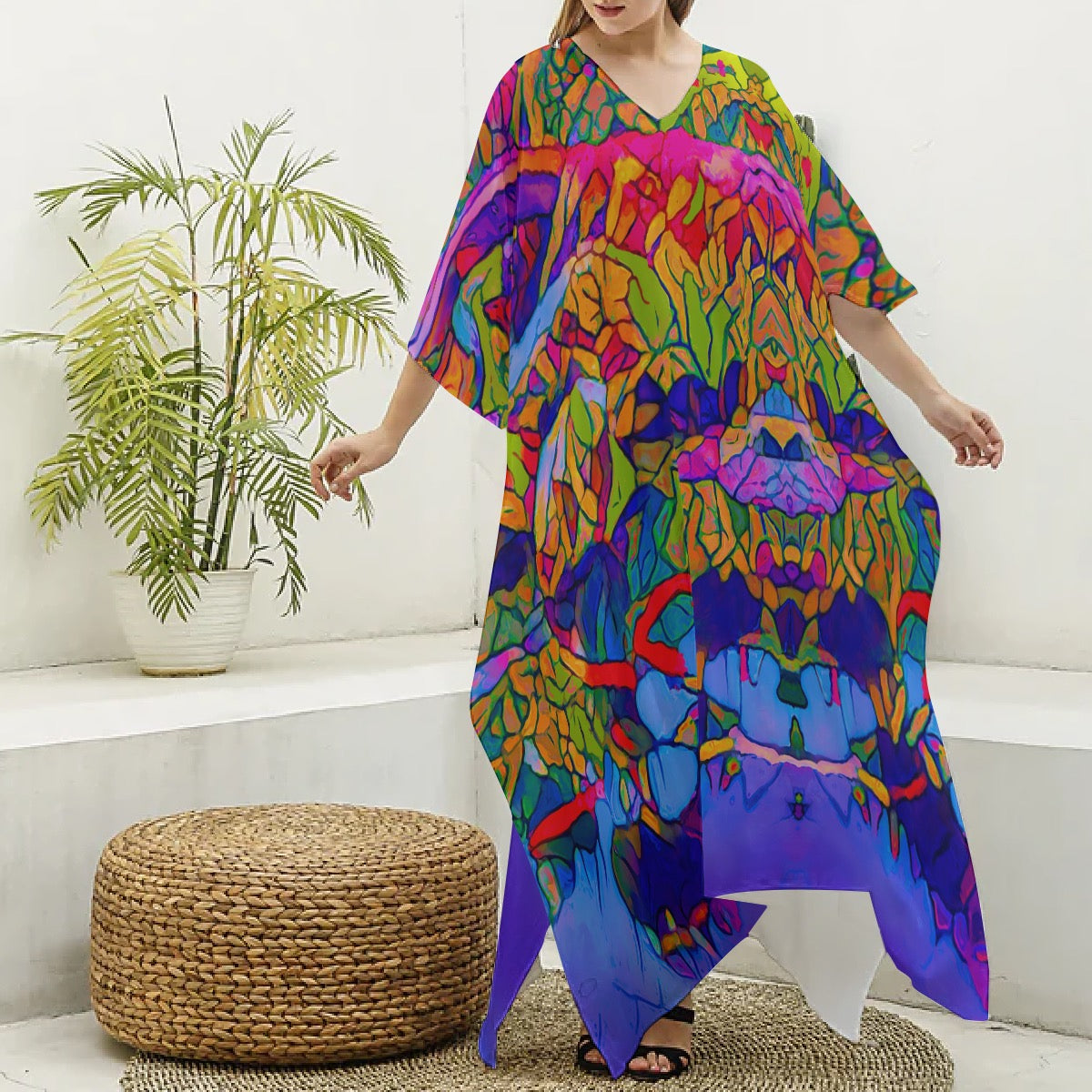 “Cerulean Spectrum” Women's Imitation Silk V-neck Kaftan Robe