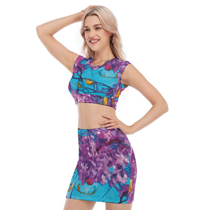“Jacaranda Season” (Cobalt) Women's Collarless V Collar Vest Skirt Suit