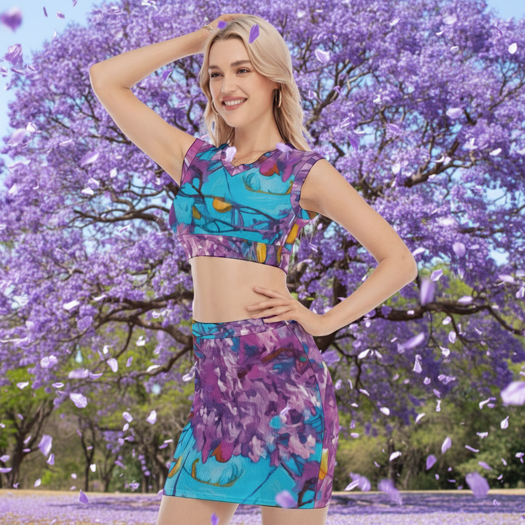 “Jacaranda Season” (Cobalt) Women's Collarless V Collar Vest Skirt Suit