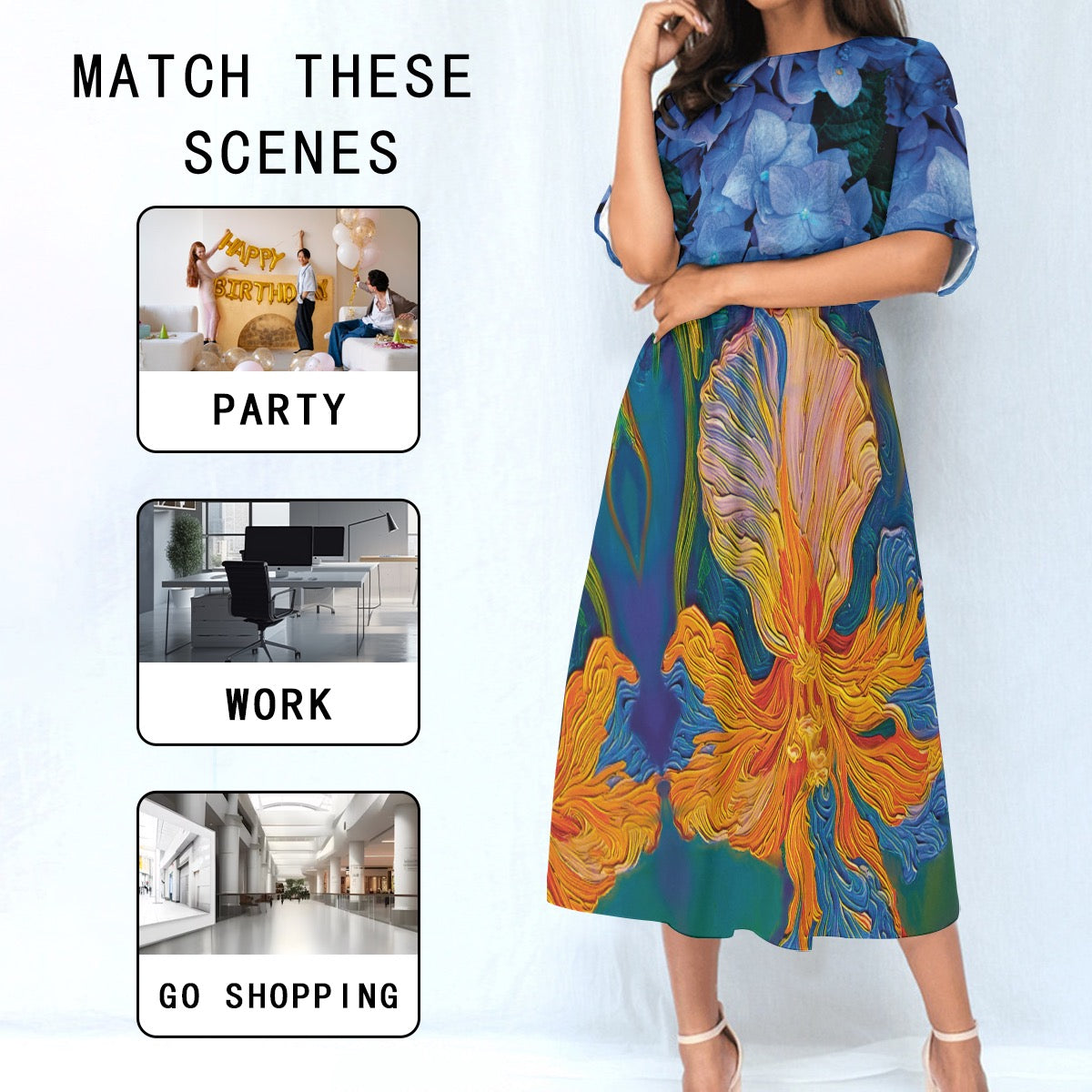 ‘Iris with Hydrangea” Women's Knee-Length Dress