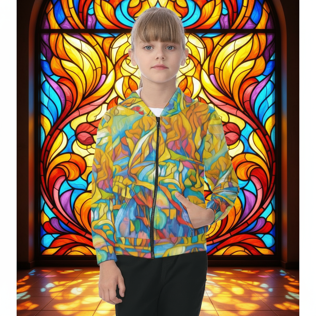 “Sunrise Stained Glass”  Kid's Zip-up Hoodie With Patch Pocket