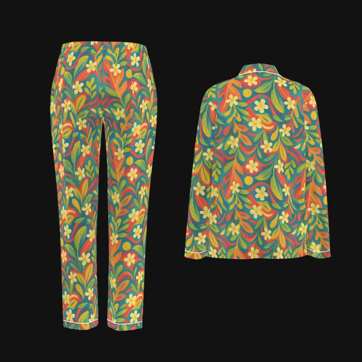 “Sunny Daydream” Women's Long Sleeve Pajama Set With White Contrast Piping