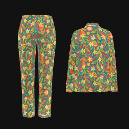 “Sunny Daydream” Women's Long Sleeve Pajama Set With White Contrast Piping