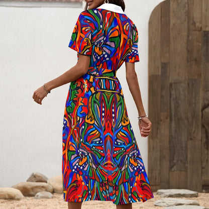 “Crimson Bloom” Women's Shirt Dress with Waist Tie
