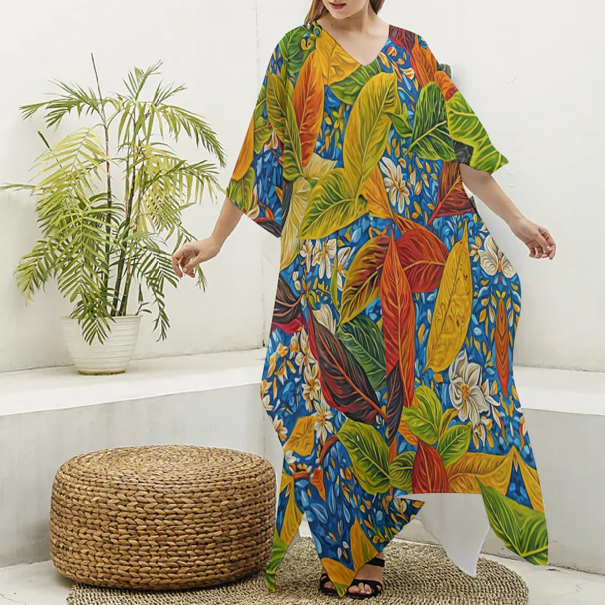 “Botanical Rhapsody” Women's Imitation Silk V-neck Kaftan Robe