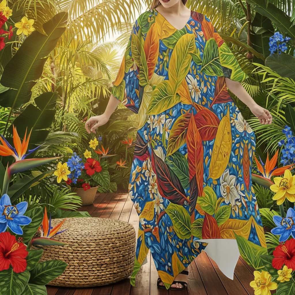 “Botanical Rhapsody” Women's Imitation Silk V-neck Kaftan Robe