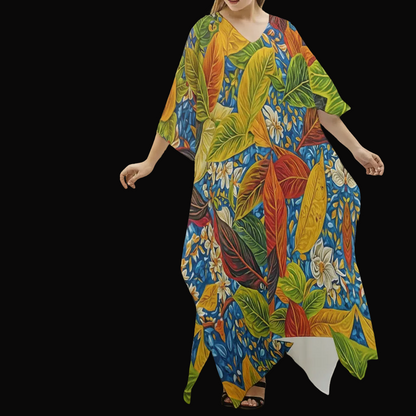 “Botanical Rhapsody” Women's Imitation Silk V-neck Kaftan Robe