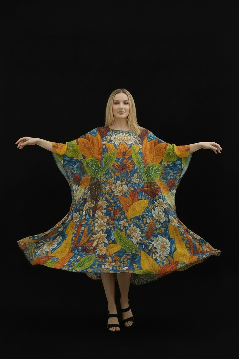“Botanical Rhapsody” Women's Imitation Silk V-neck Kaftan Robe