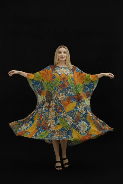 “Botanical Rhapsody” Women's Imitation Silk V-neck Kaftan Robe