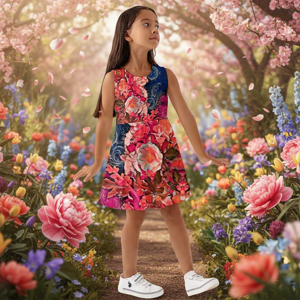 “Celestial bloom” Girls Sleeveless A-Line Dress