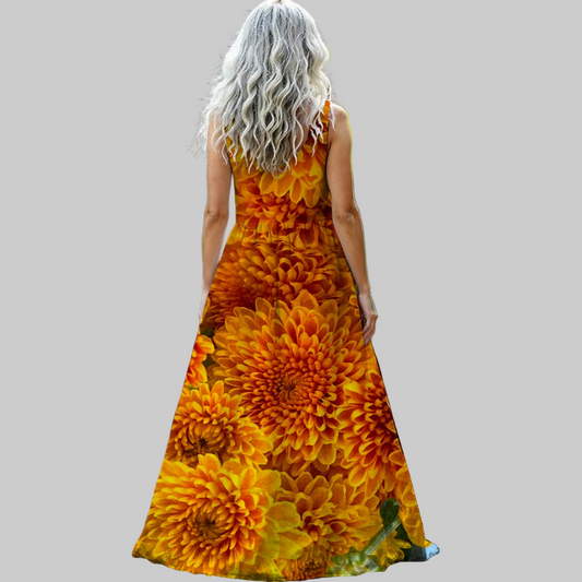 “Orange Chrysanthemum” Women’s Sleeveless Maxi Dress