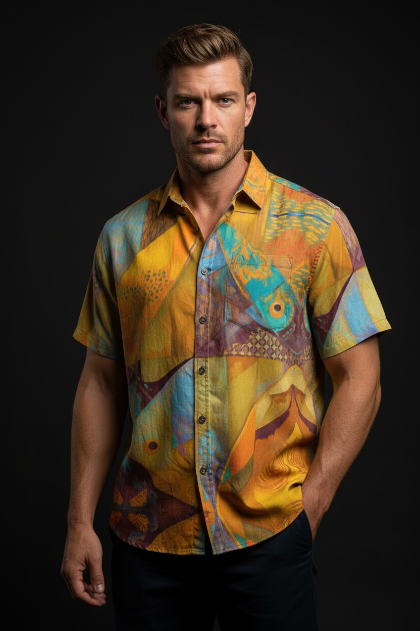 “Aqua Landscape” Men's Breathable Cotton Shirt|125GSM