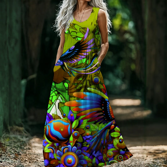 “Green Garden of Unseemly Delights”Women’s Sleeveless Maxi Dress