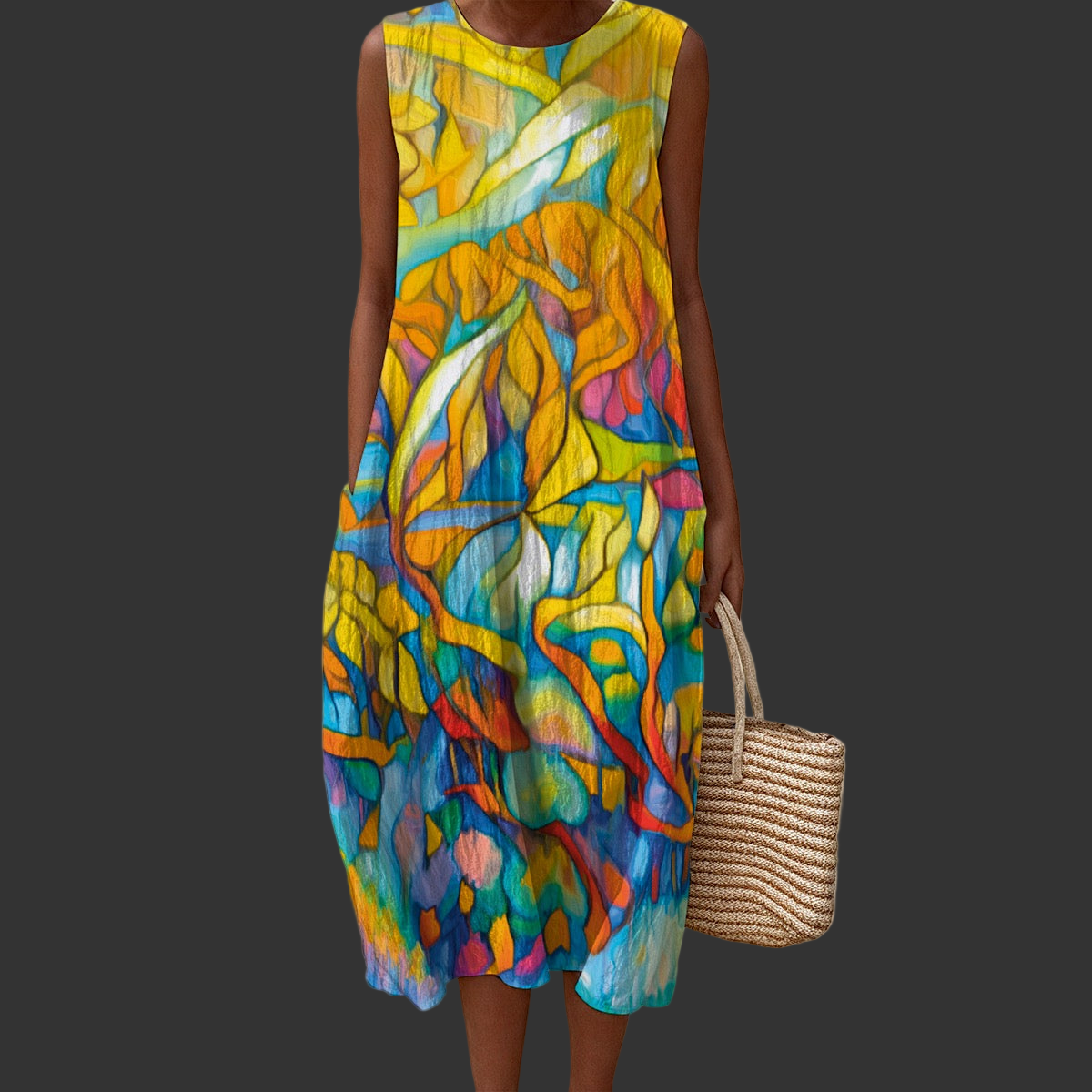 “Sunrise Stained Glass” Women's Sleeveless Dress|125GSM Slub Cotton