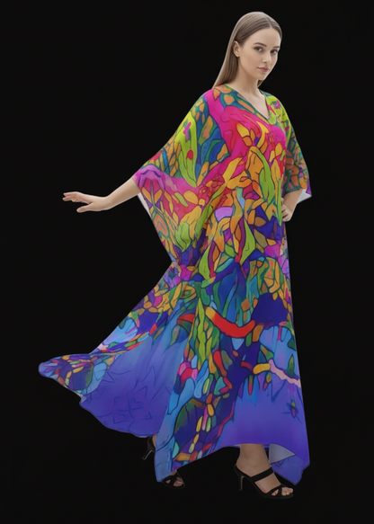 “Cerulean Spectrum” Women's Imitation Silk V-neck Kaftan Robe