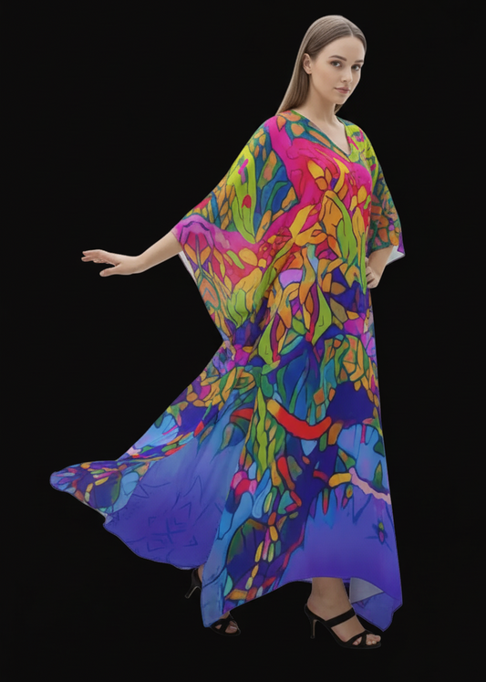 “Cerulean Spectrum” Women's Imitation Silk V-neck Kaftan Robe