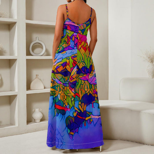 “Cerulean Spectrum” Women's Elegant V-Neck Maxi Dress