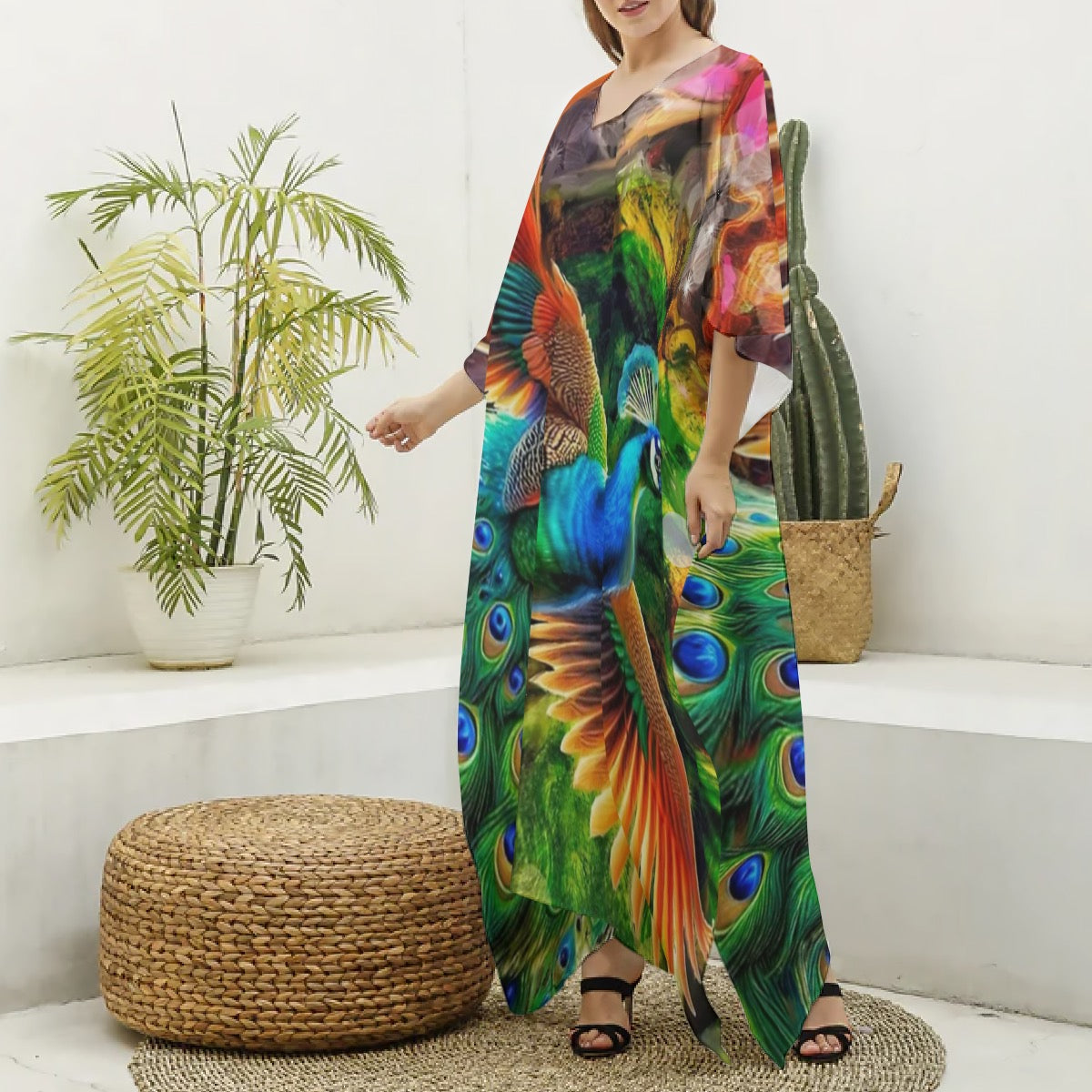 “Peacock Flight” Women's Imitation Silk V-neck Kaftan Robe