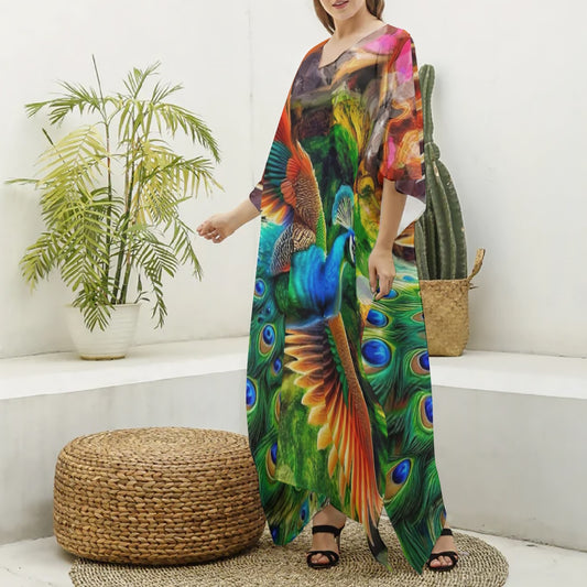 “Peacock Flight” Women's Imitation Silk V-neck Kaftan Robe
