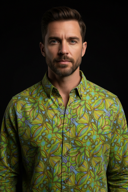 “Bloomfield Green” Men's Casual Lapel Long Sleeve Shirt|125GSM Cotton