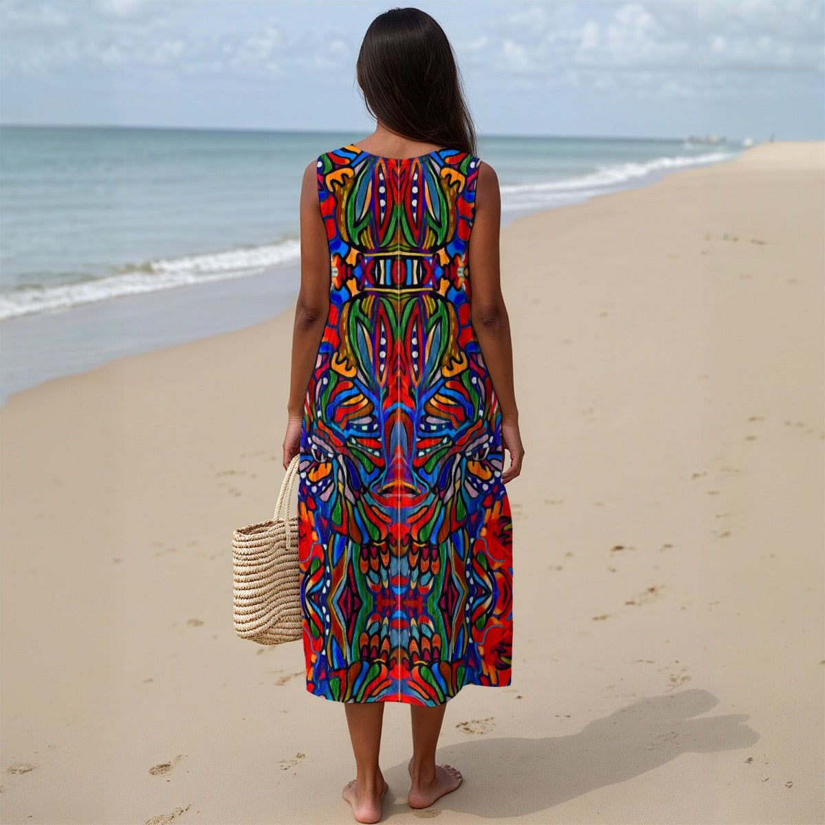 “Crimson Bloom” Women's Sleeveless Dress With Pocket|125GSM Slub Cotton